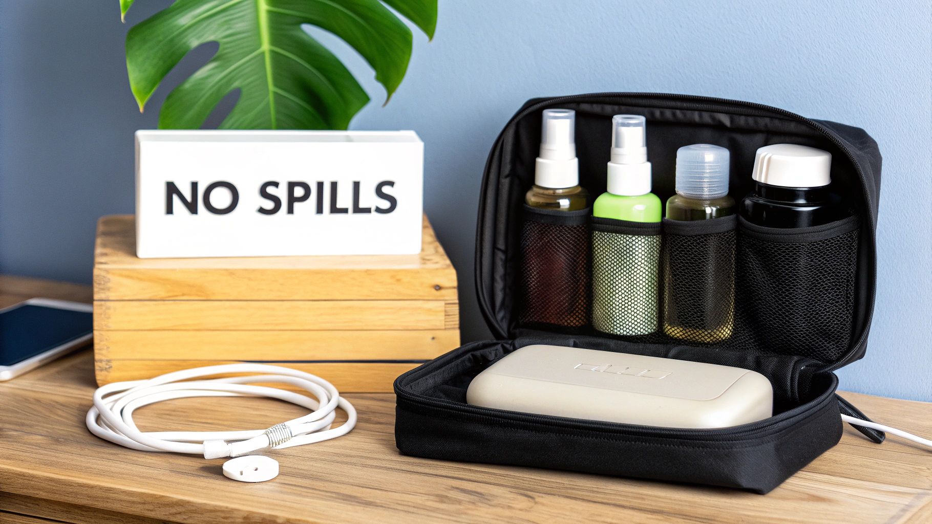 Organized black travel toiletry bag with bottles, a case, and a 'NO SPILLS' sign on a wooden table.