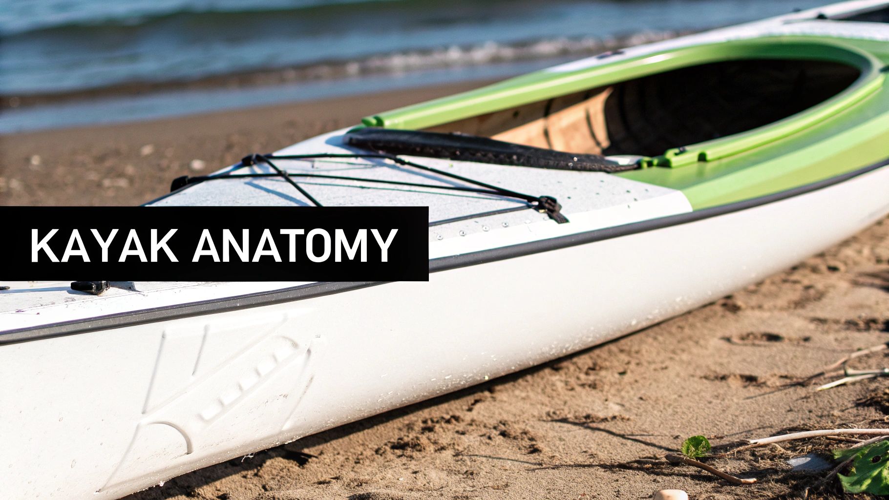 A close-up of a green and white kayak on a sandy beach, with 'KAYAK ANATOMY' text.
