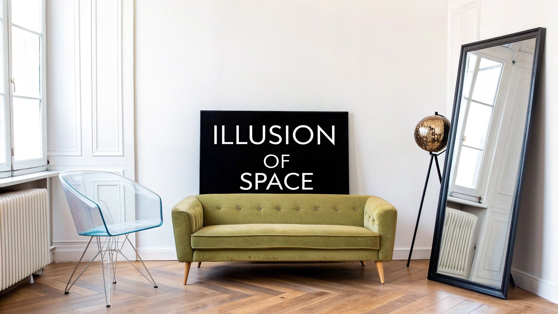 A modern room with a green sofa, clear chair, standing mirror, and an 'ILLUSION OF SPACE' sign.