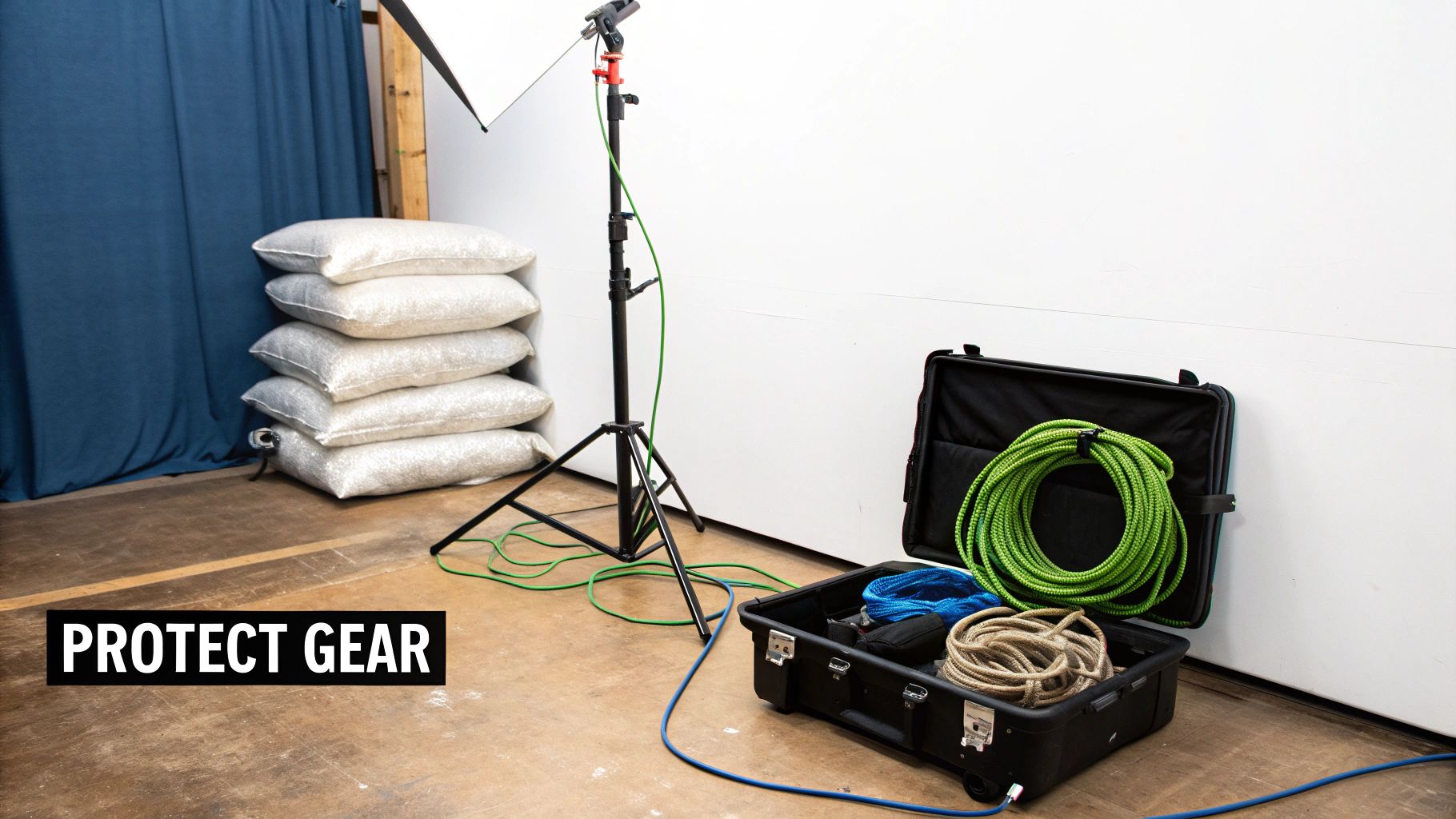 Essential photography lighting equipment in a studio with sandbags and cables in a protective case.