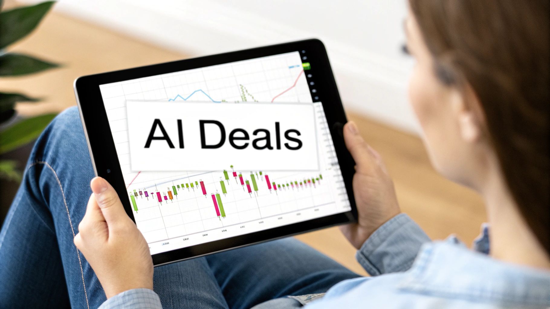 An abstract image of a robot using a magnifying glass on a price tag, symbolizing AI's role in price comparison