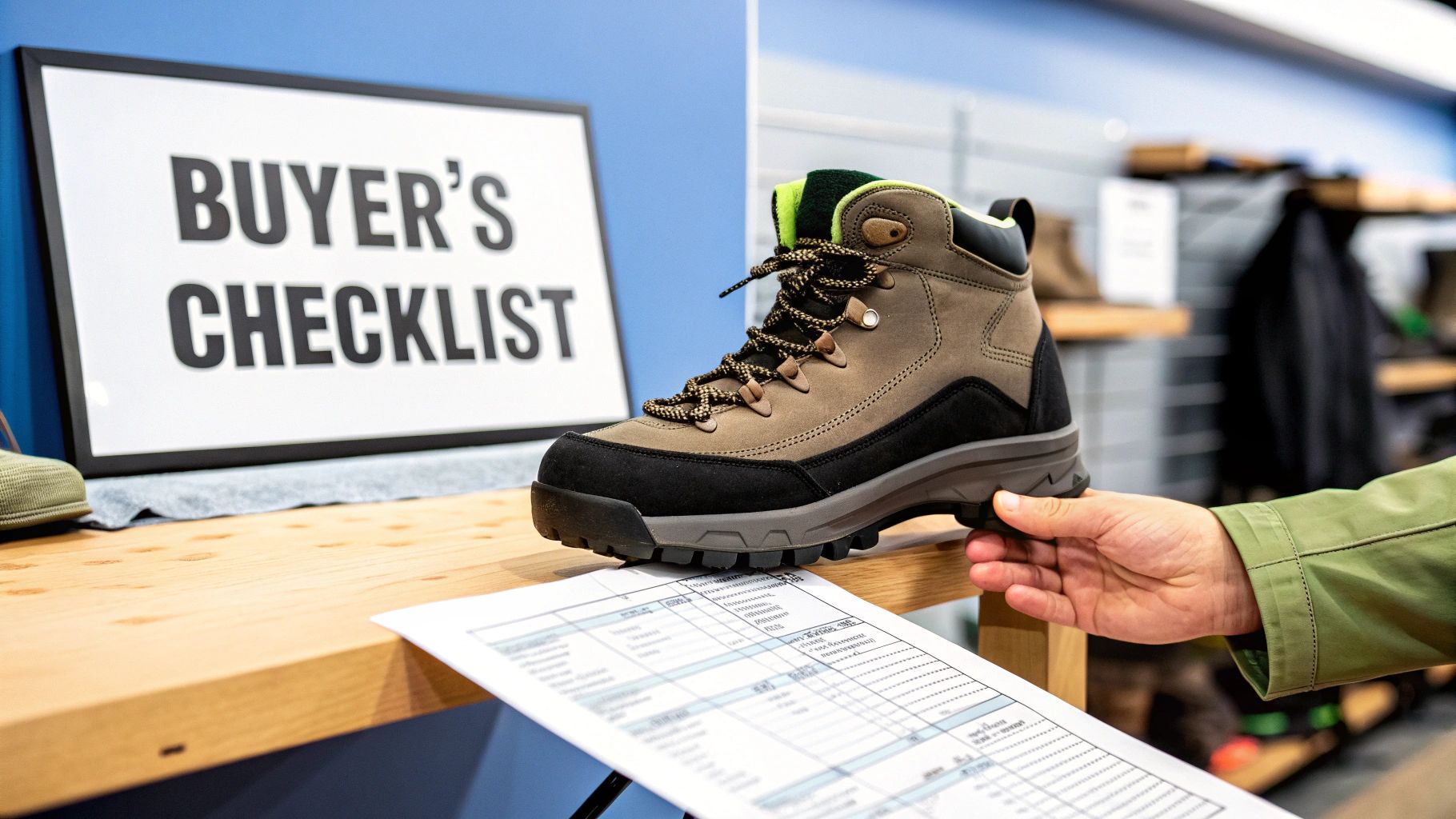 A person holds a brown and black hiking boot, examining it next to a "BUYER'S CHECKLIST" sign and a document.