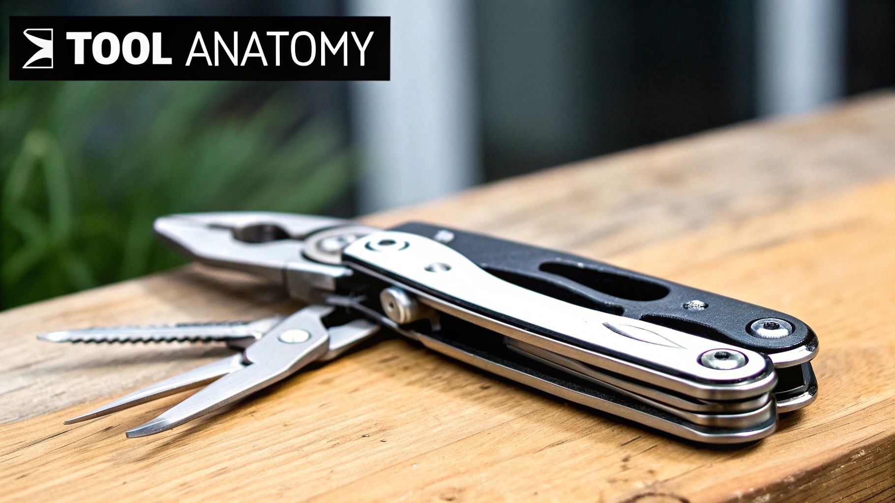 A silver and black multi-tool with pliers and various implements partially open on a wooden table.