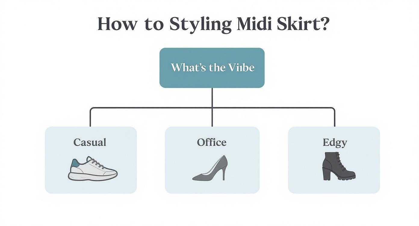 A flowchart showing how to style a midi skirt for casual, office, and edgy vibes with footwear examples.