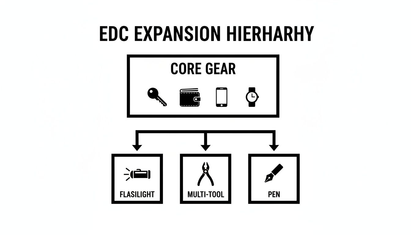 EDC expansion hierarchy diagram showing core items (key, wallet, phone, watch) and useful expansion gear (flashlight, multi-tool, pen).
