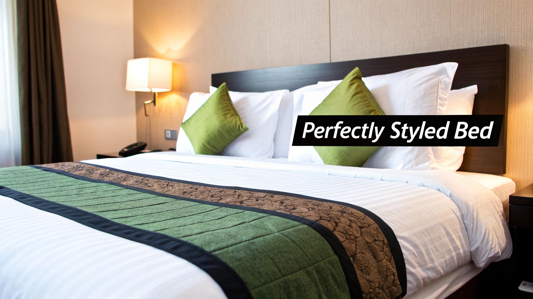 A perfectly styled bed in a modern hotel room, featuring white sheets, green accent pillows, and a patterned bed runner.