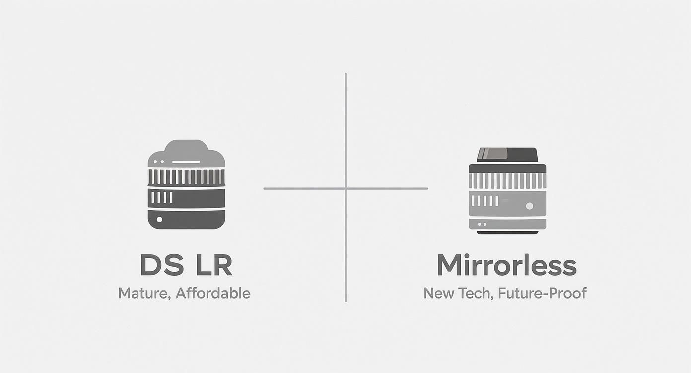 Graphic comparing DSLR and Mirrorless camera types, highlighting features like affordability and new technology.