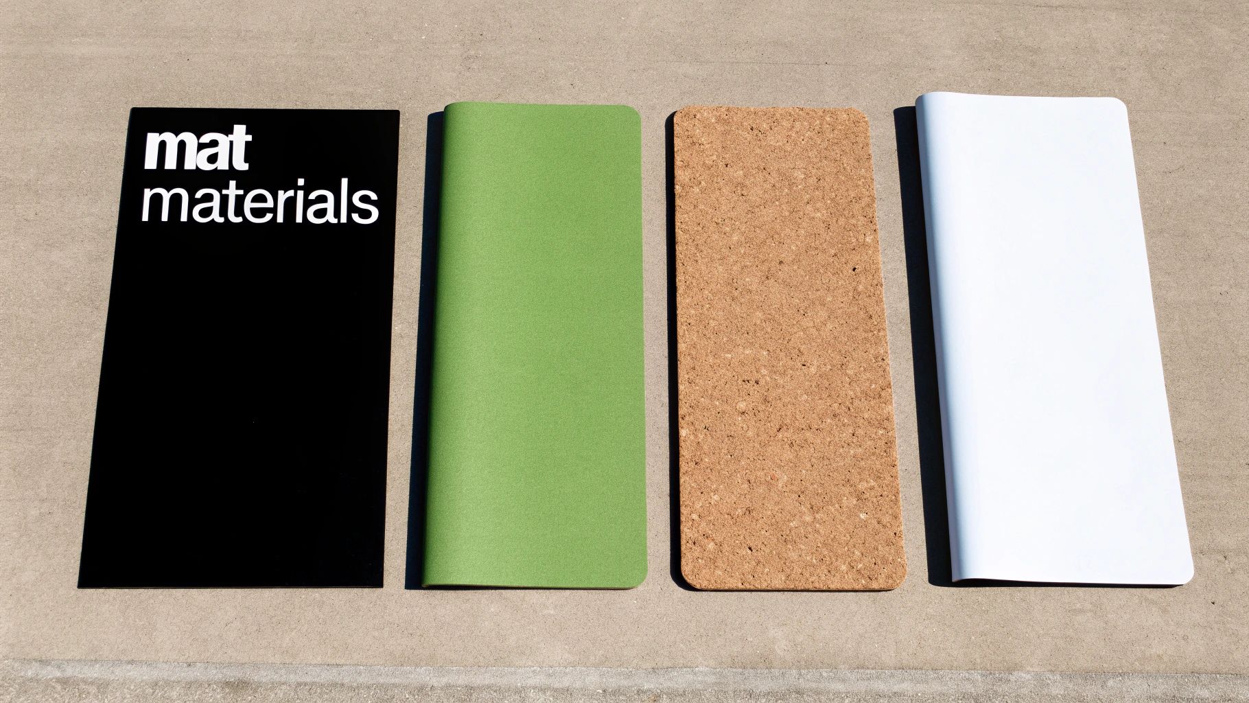 Four different mat materials, including black with text, green, cork, and white, laid on a concrete surface.