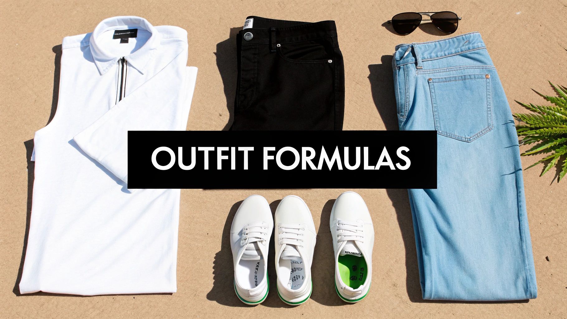 A flat lay of men's casual outfit essentials including white shirt, jeans, sneakers, and sunglasses.