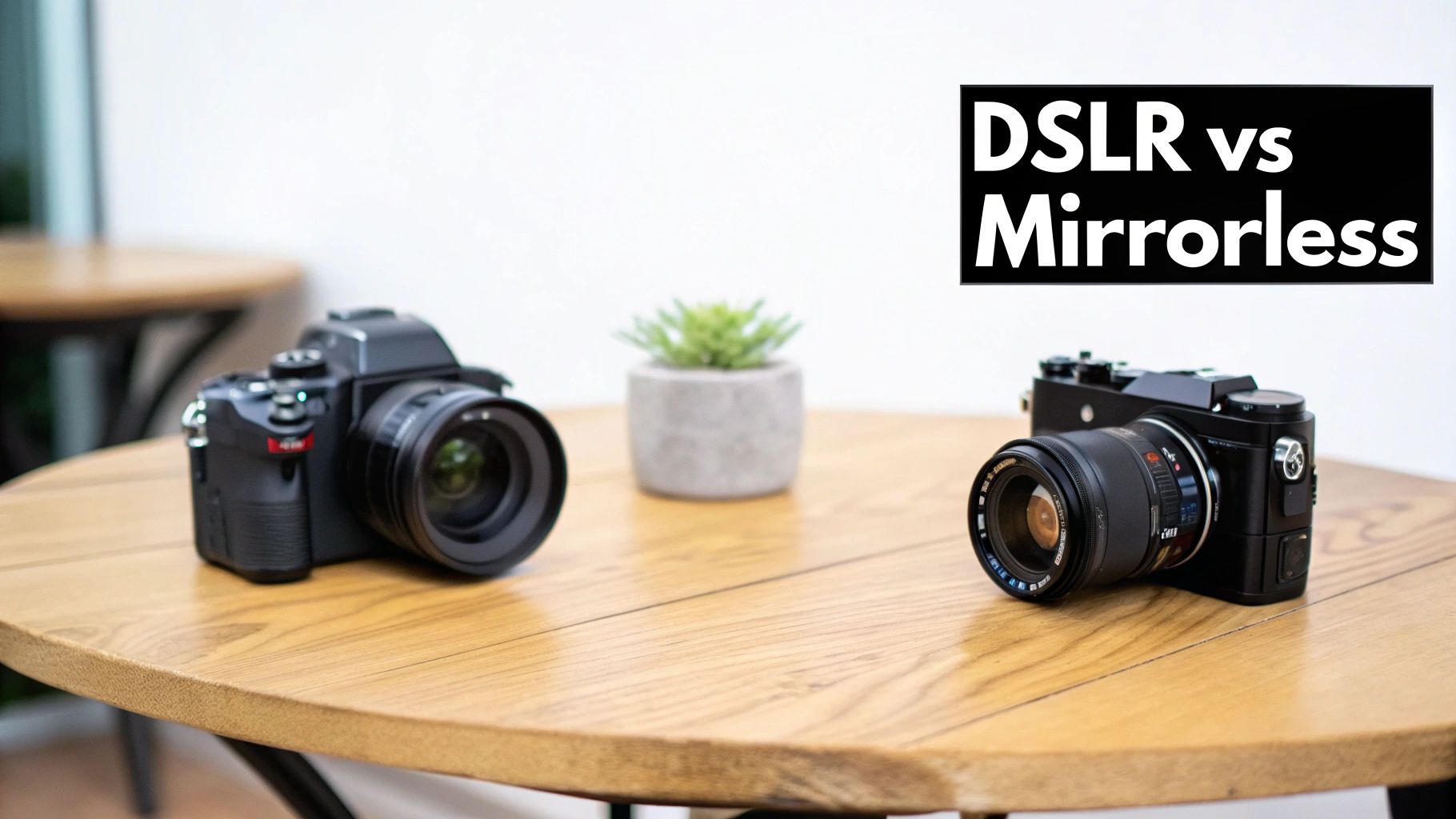 Two cameras, a DSLR and a mirrorless, are displayed on a wooden table for comparison.