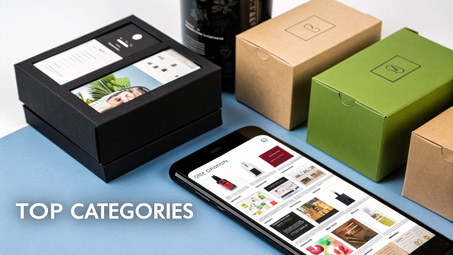 A bustling online marketplace visualized with icons for electronics, fashion, and social media apps, illustrating high-demand categories.