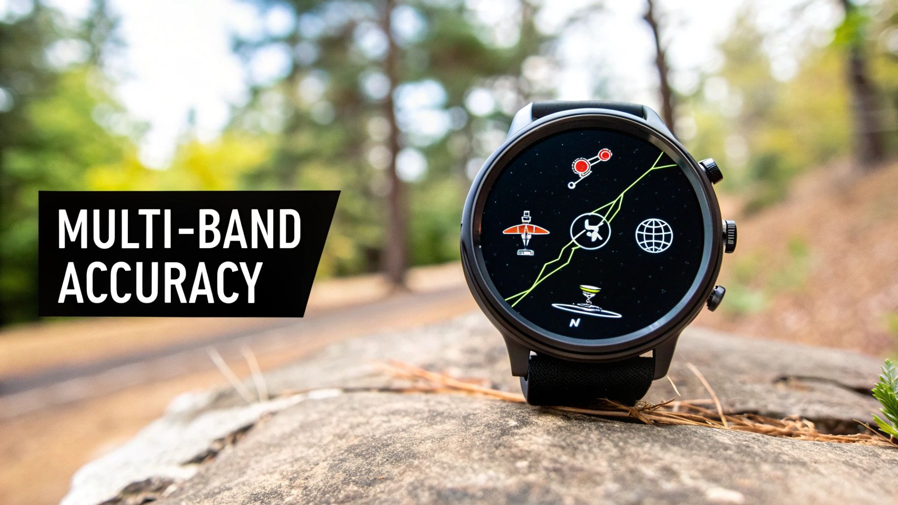 A hiker checks their GPS watch with a mountainous, tree-covered landscape in the background.