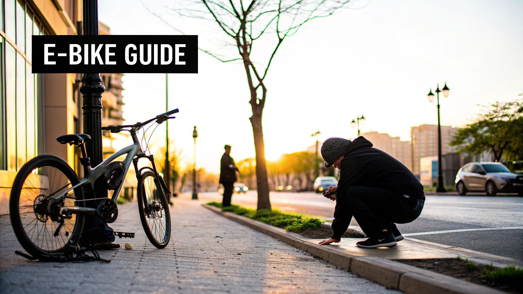 Person crouching beside electric bike on urban sidewalk at sunset taking photo