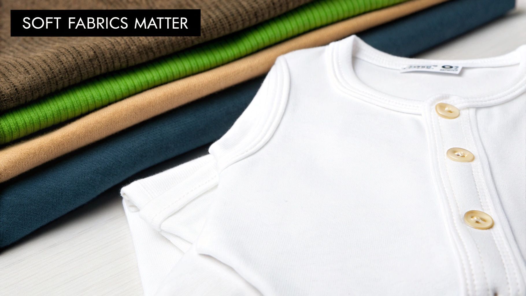 Close-up of a white baby onesie with buttons next to a stack of soft, colorful fabrics.