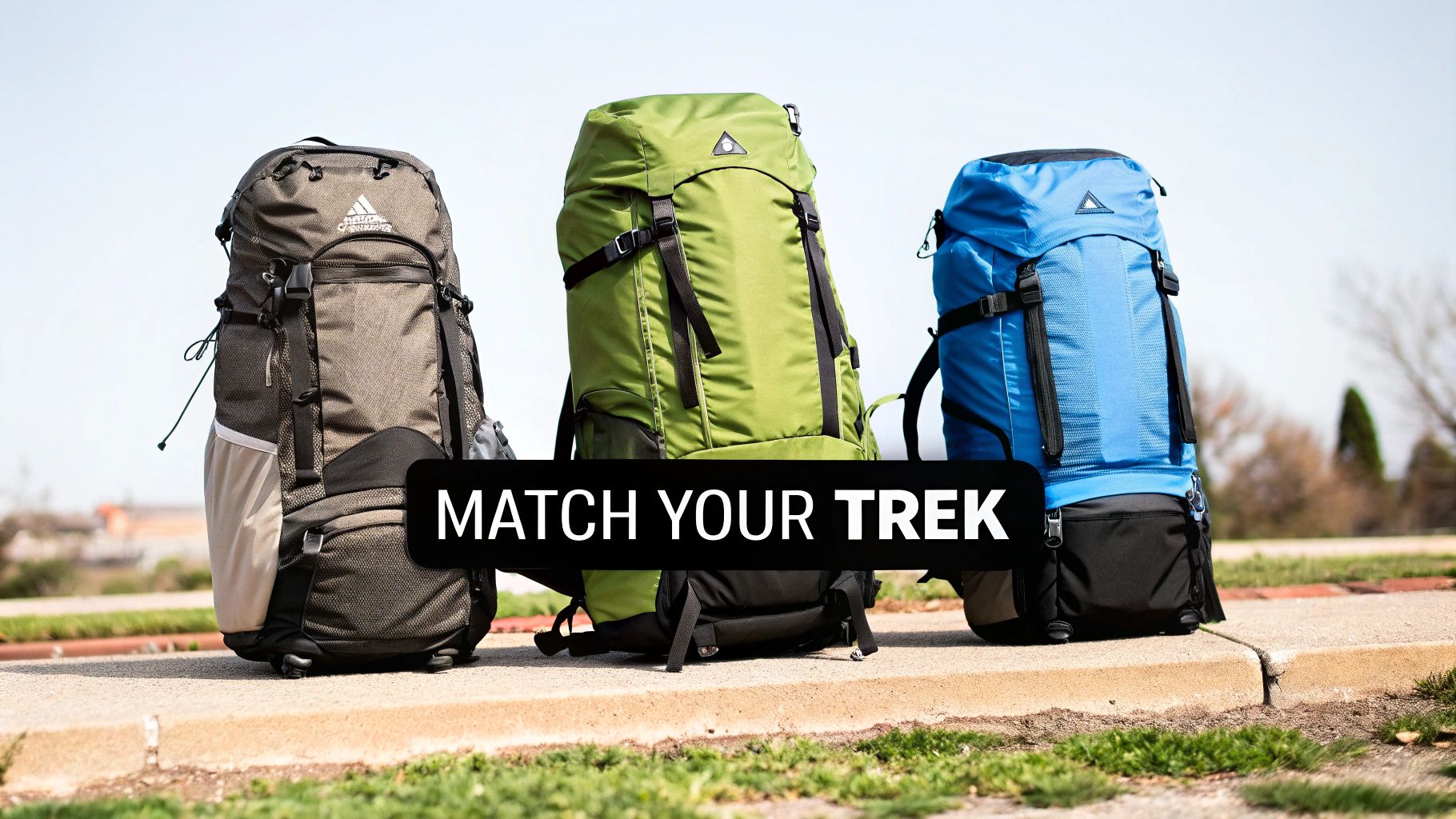 Three colorful hiking backpacks, grey, green, and blue, stand on a path under a clear sky, ready for a trek.