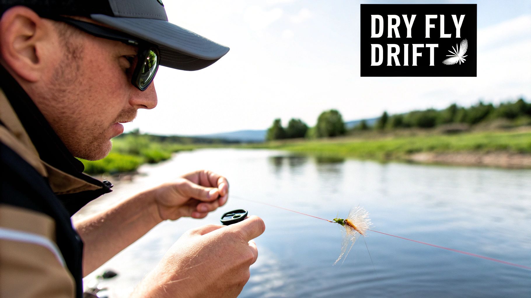 A fly fisherman casting a dry fly on a river