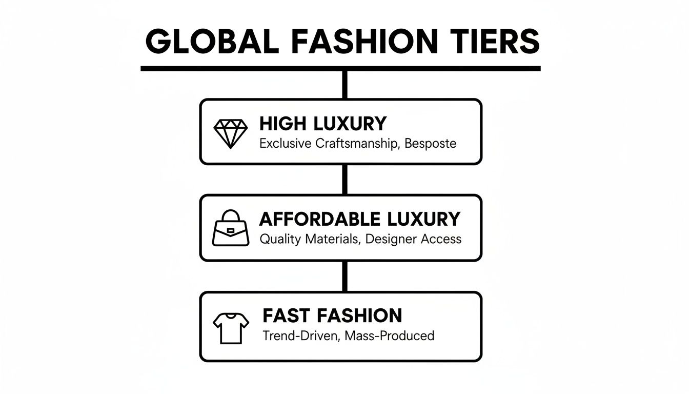 A diagram illustrating the global fashion tiers: High Luxury, Affordable Luxury, and Fast Fashion, with descriptions.