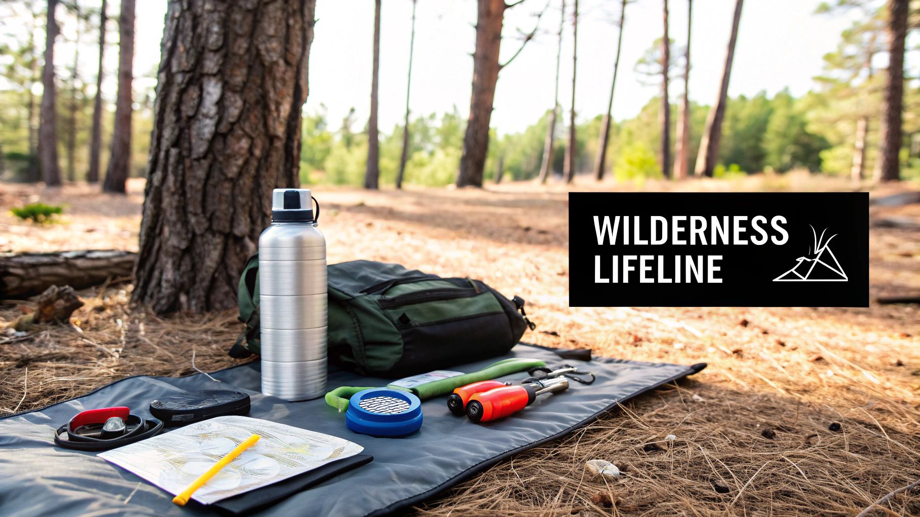 Essential wilderness survival gear, including a water bottle, backpack, map, compass, and binoculars, laid in a forest.