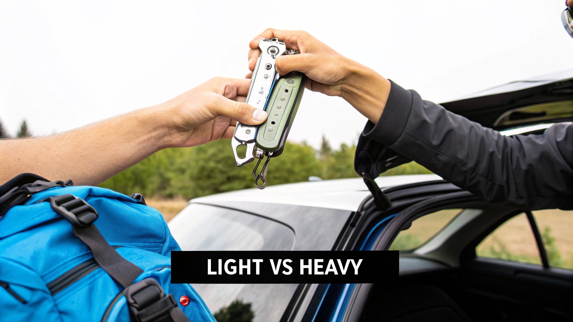 Two hands comparing a silver multi-tool with a green multi-tool, emphasizing light vs heavy options for camping.