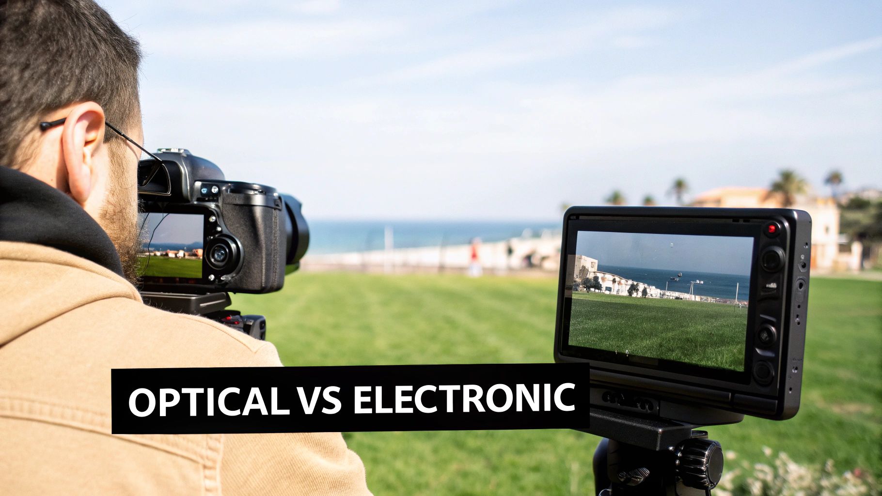 A person uses a DSLR camera and external monitor, displaying an outdoor scene, with 'OPTICAL VS ELECTRONIC' text.