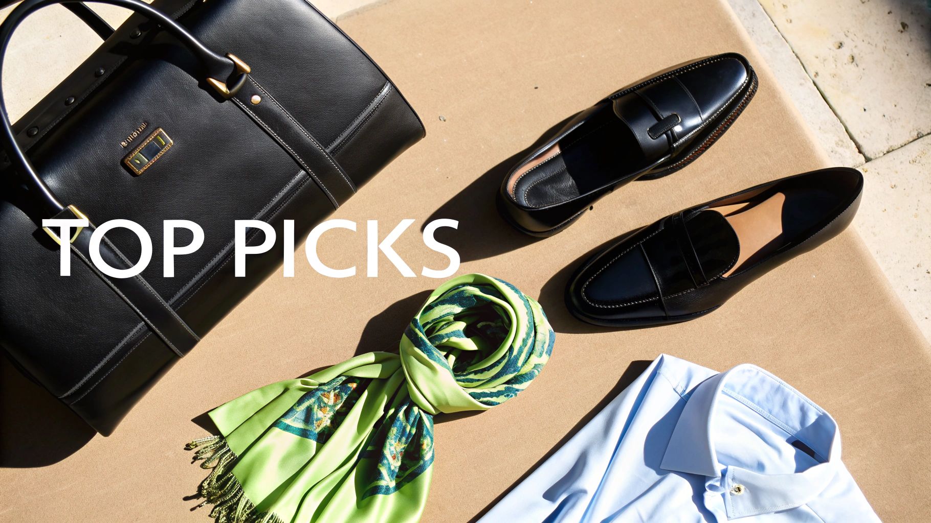 A collection of luxury men's fashion items including a black leather bag, loafers, a green scarf, and a blue shirt.