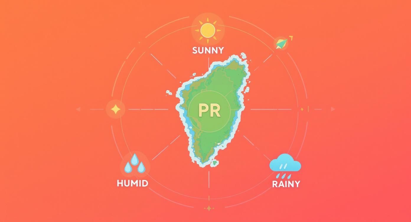 Illustration of Puerto Rico map showing sunny, humid, and rainy weather conditions with compass elements.