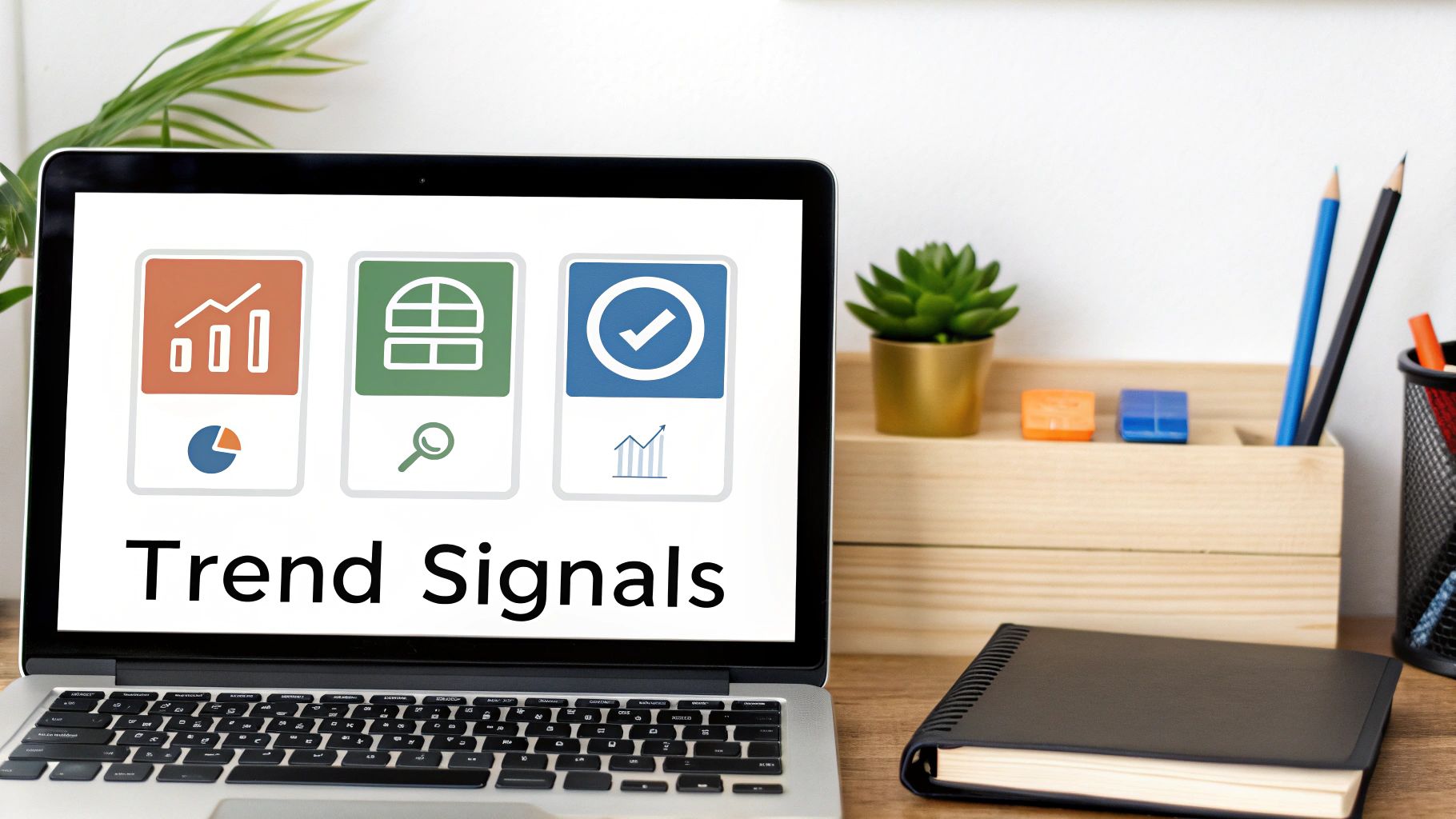 Laptop screen displaying 'Trend Signals' text and analytical icons on a modern office desk.