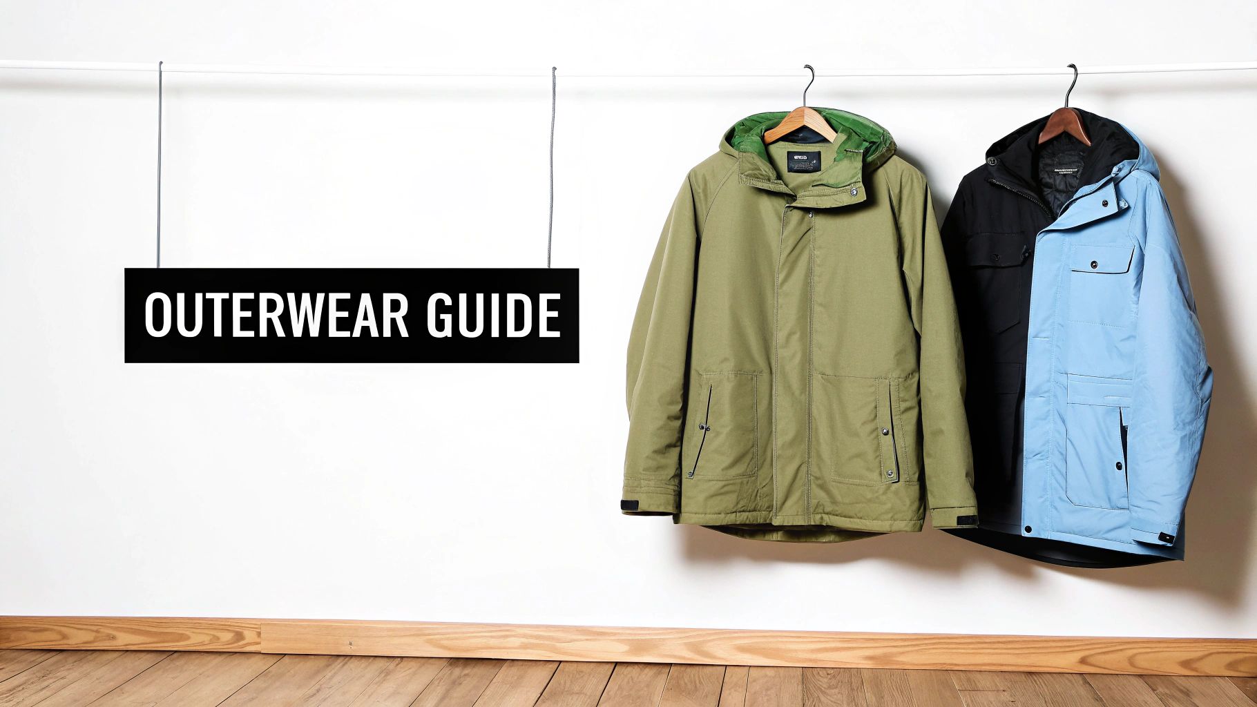 Three winter jackets in green, black, and light blue hanging with an 'OUTERWEAR GUIDE' sign.