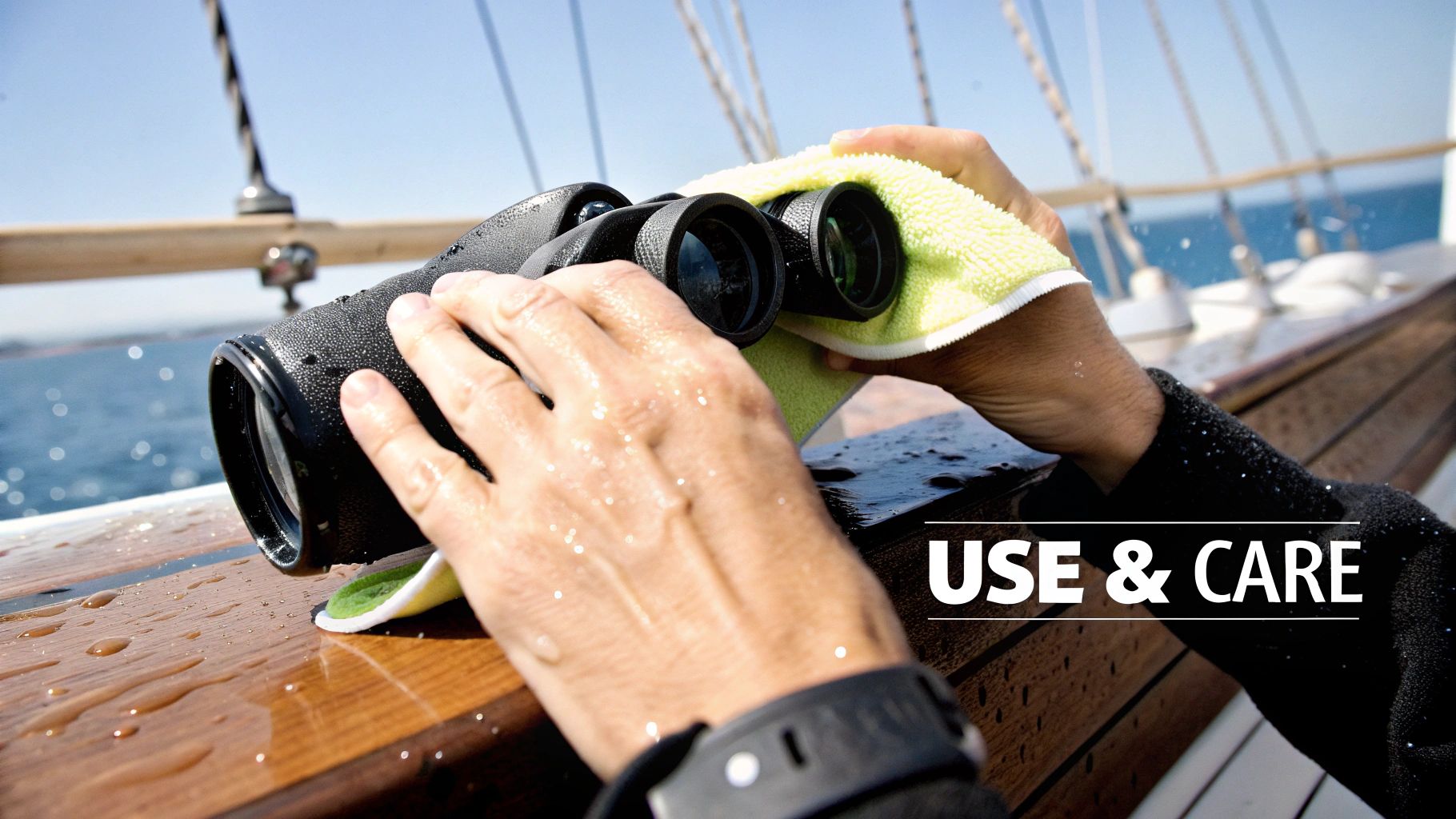 Person cleaning waterproof binoculars with a yellow cloth on a wet boat railing, ocean visible.