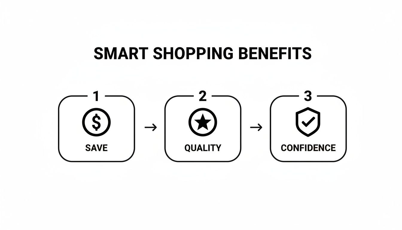 Diagram illustrating smart shopping benefits: saving money, ensuring quality, and building consumer confidence.