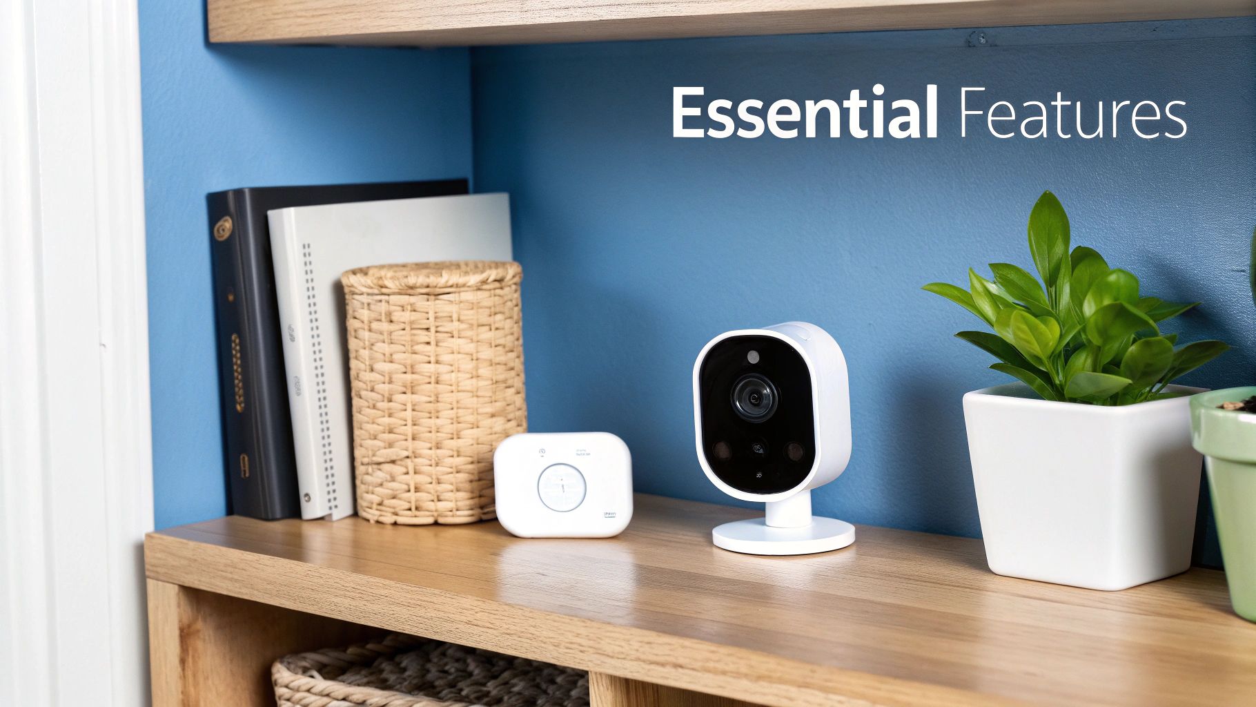 A white smart home security camera and hub on a wooden shelf with books and plants.