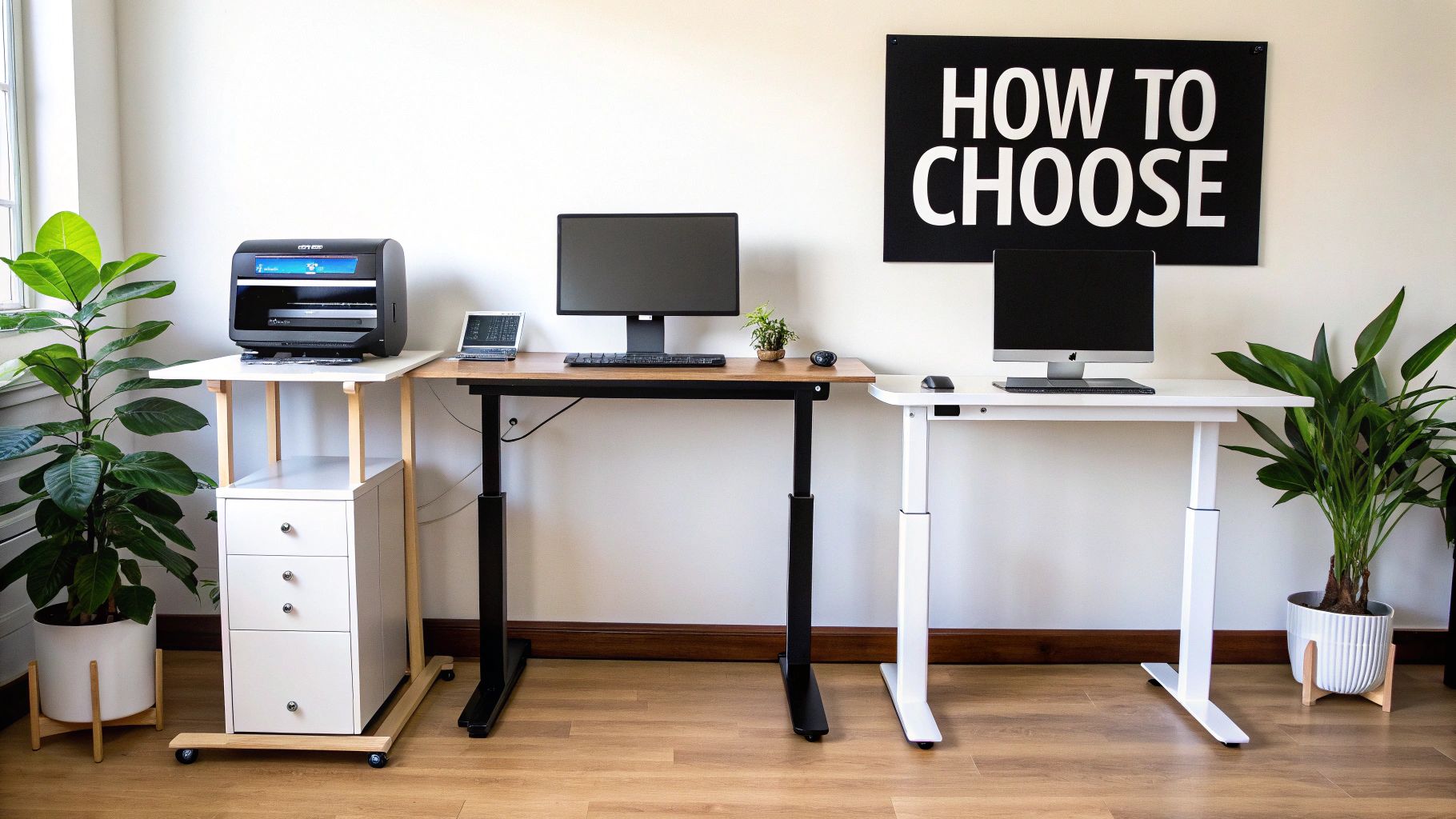 Three modern home office setups with standing desks, monitors, and plants, against a white wall.