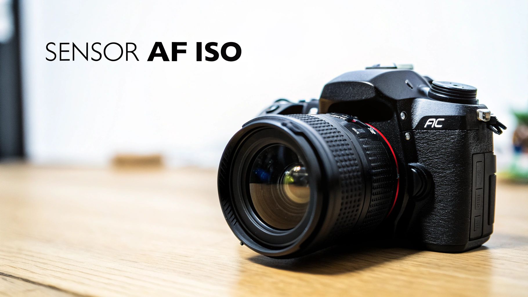 A black DSLR camera with a lens rests on a wooden table, featuring 'SENSOR AF ISO' text.