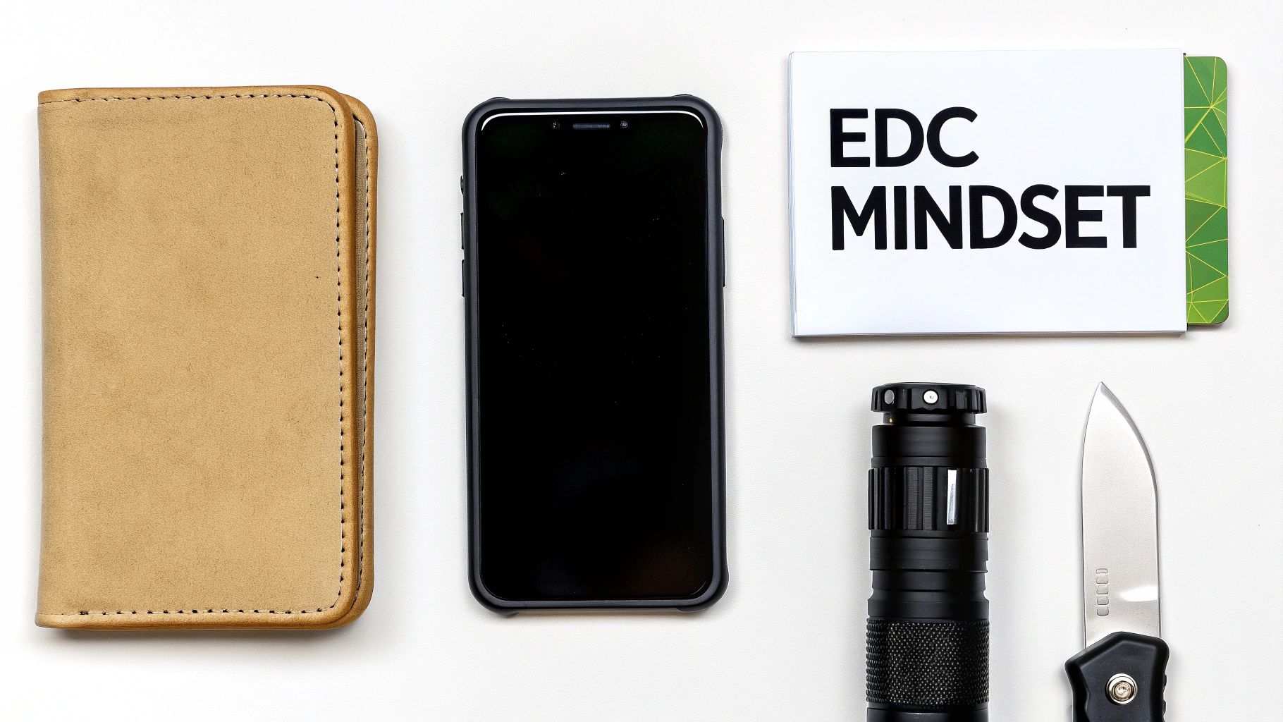 Everyday carry items: a wallet, phone, notebook with EDC Mindset, flashlight, and folding knife.