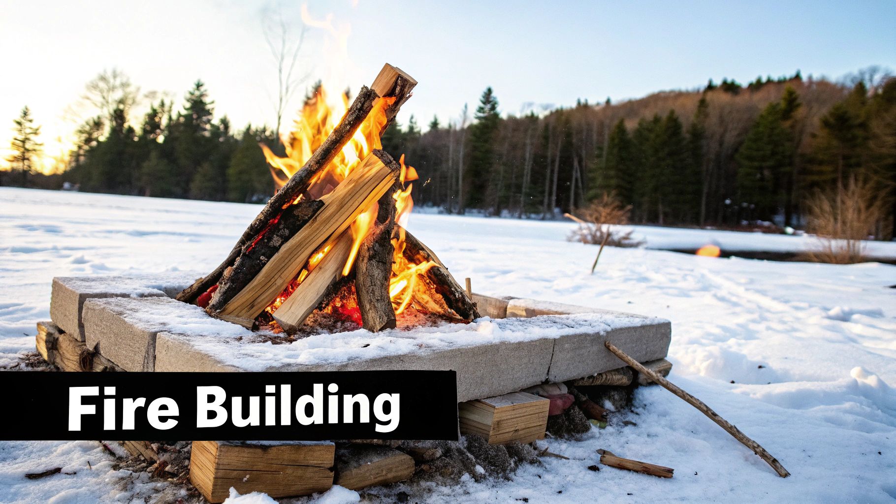 Man building a fire in a snowy forest environment