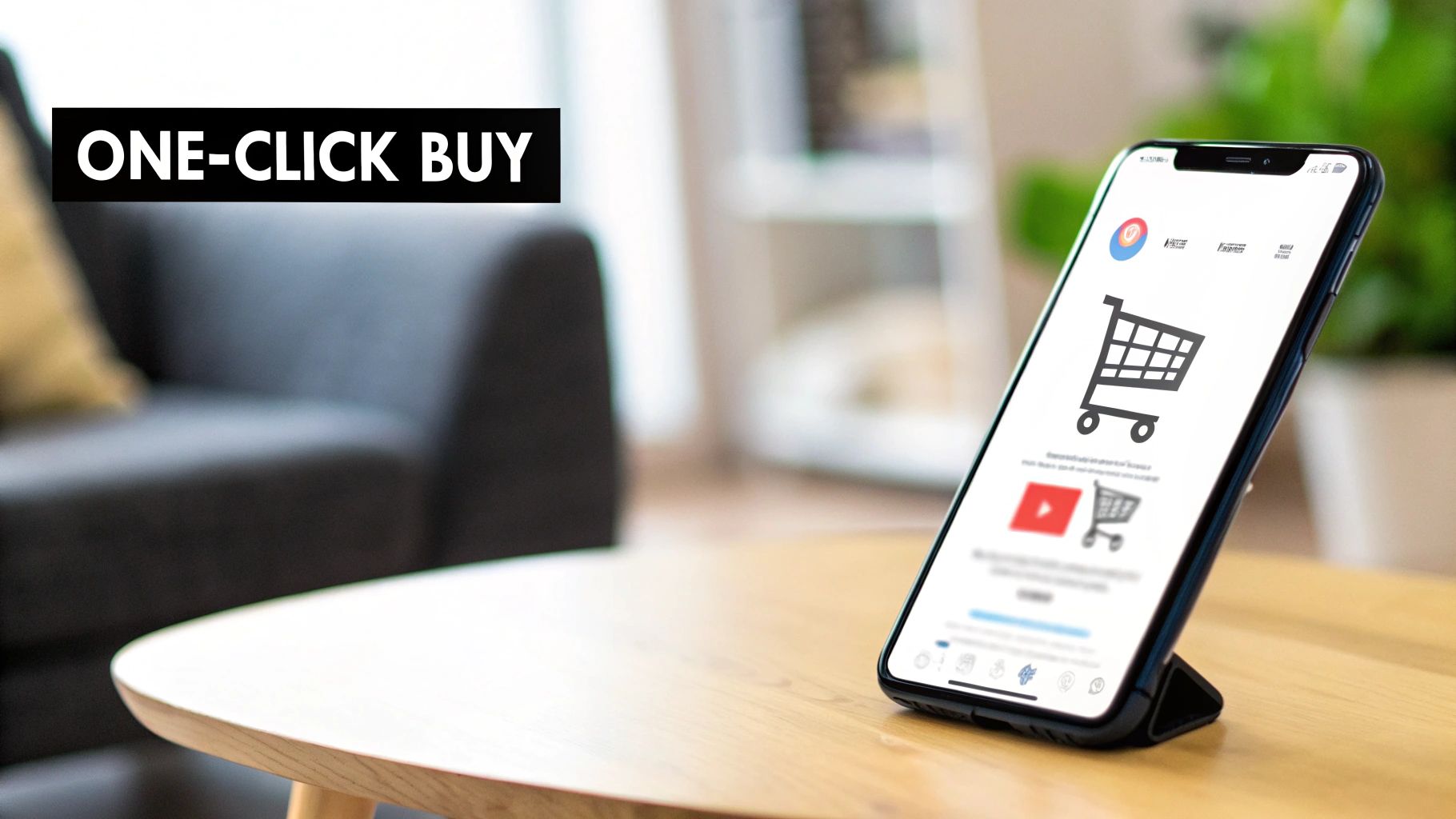 A smartphone on a wooden table displays an e-commerce app with a shopping cart and "ONE-CLICK BUY" text.