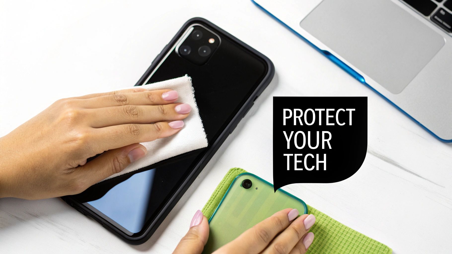Hands cleaning multiple smartphones with cloths, next to a laptop, promoting tech protection.
