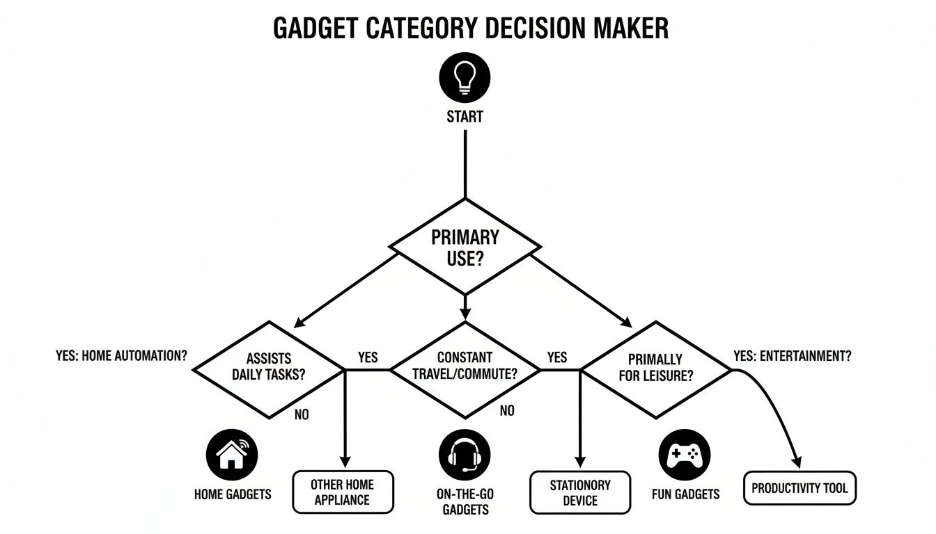 A flowchart guiding users to categorize gadgets based on their primary use and functions.