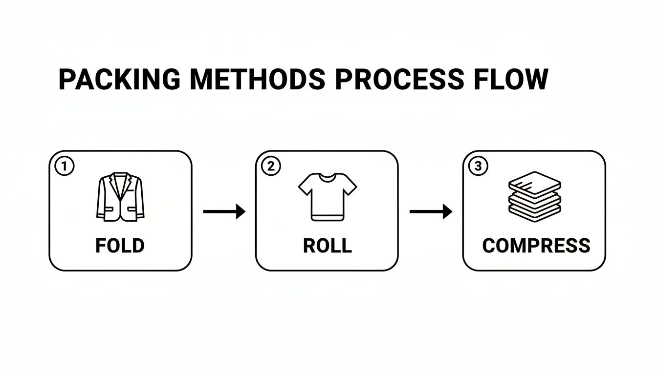 Flowchart showing packing methods: folding a jacket, rolling a t-shirt, and compressing clothes.