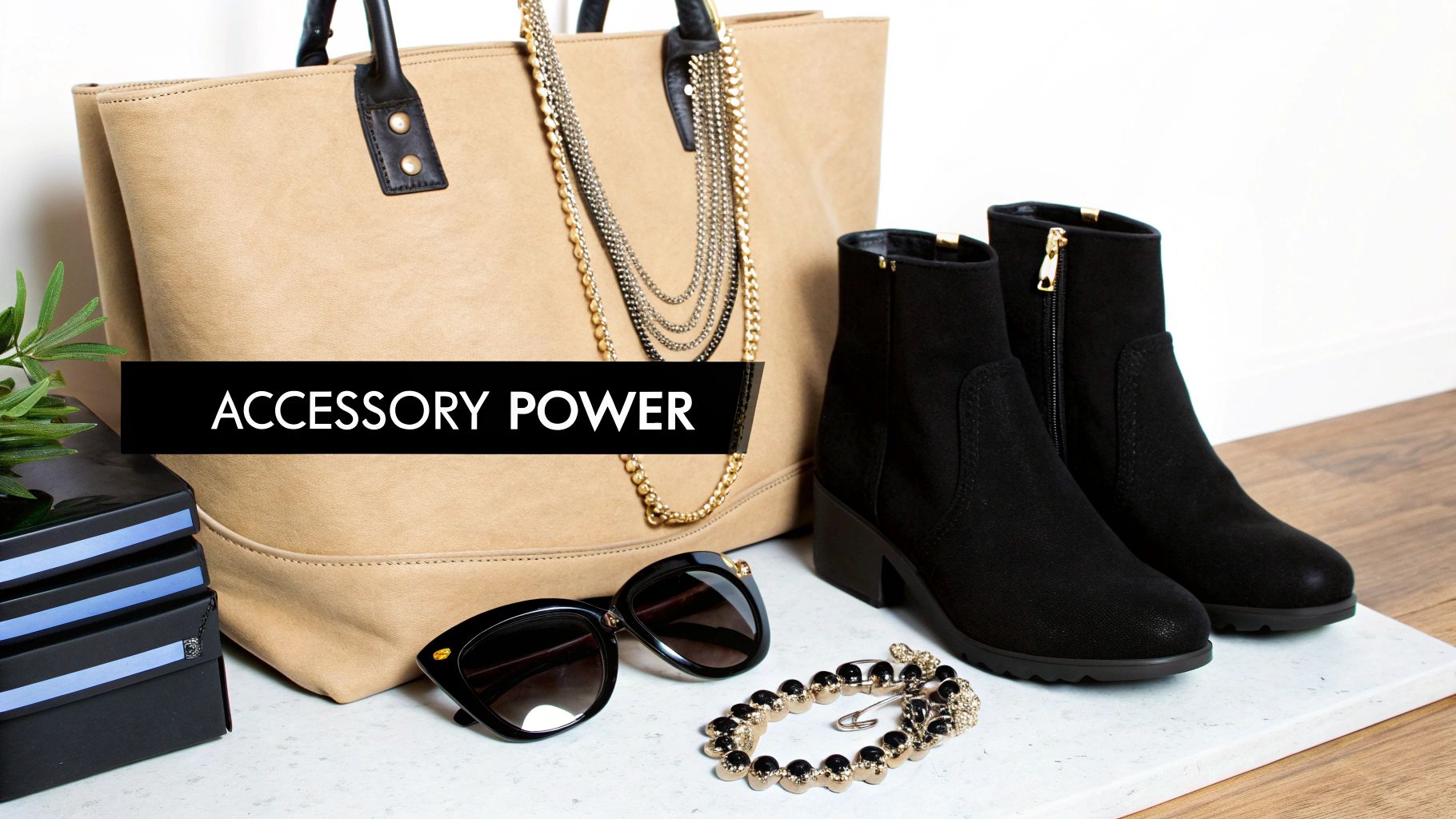A stylish flat lay of women's fashion accessories including a tan tote bag, black boots, sunglasses, and necklaces.