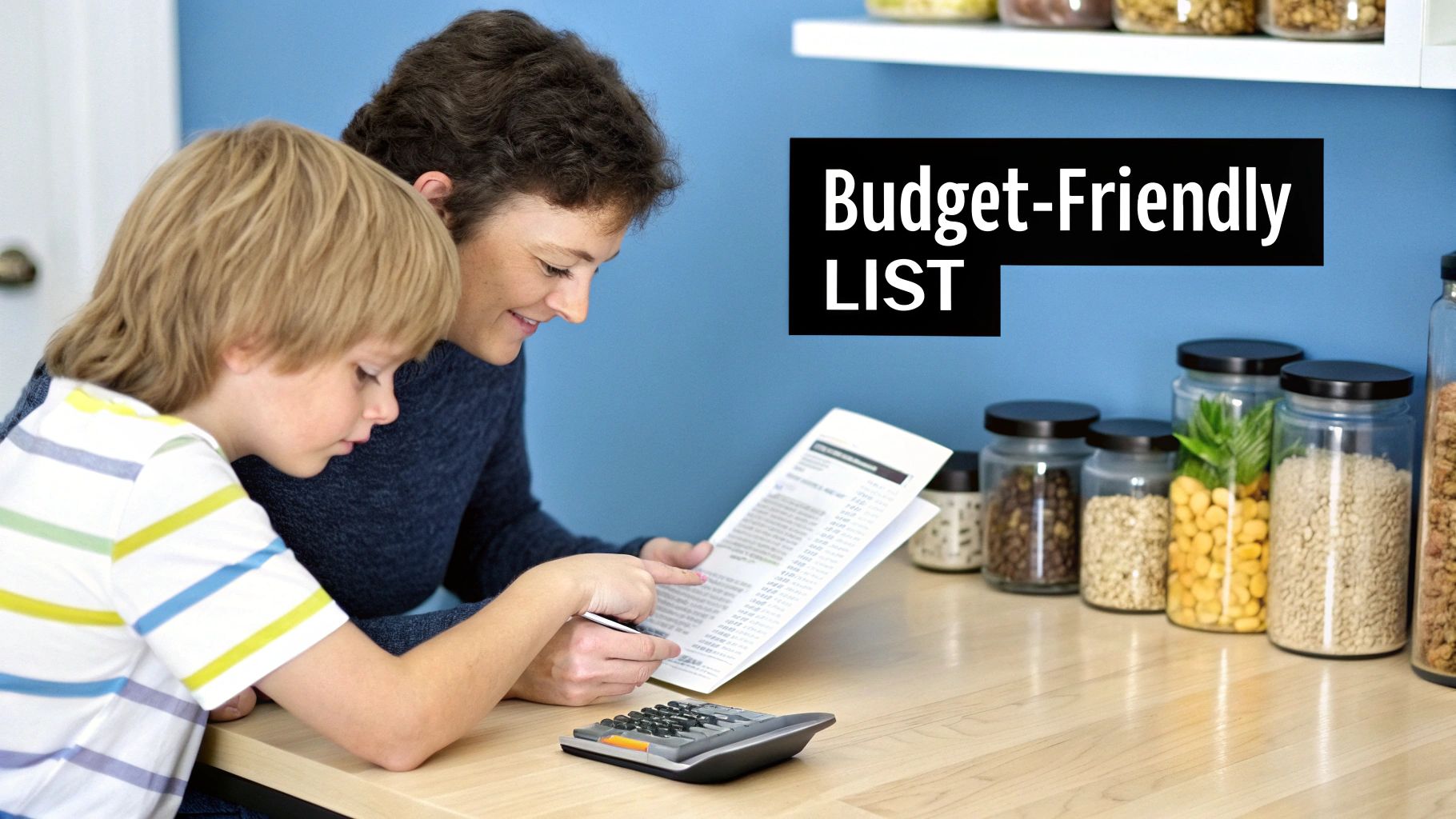 A person writing a grocery list with fresh vegetables and a calculator on the table.