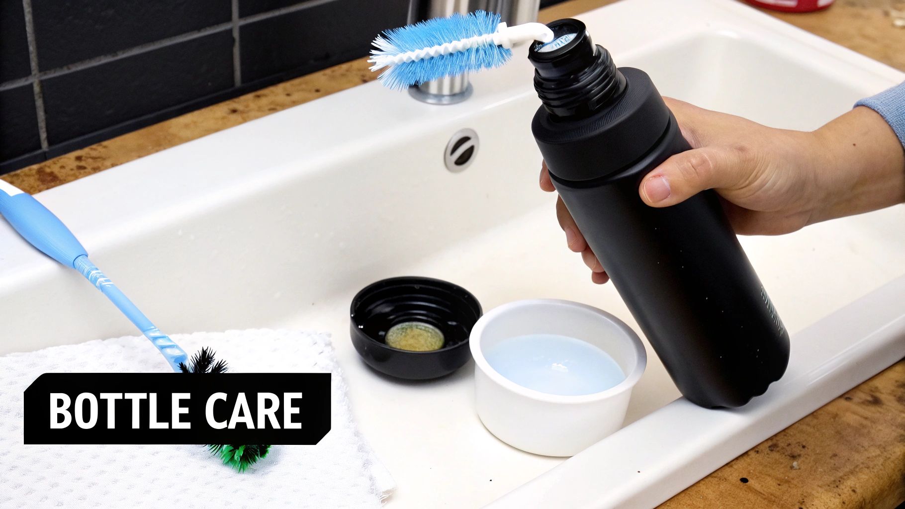 A person's hand cleans a black insulated water bottle with a blue brush in a kitchen sink.