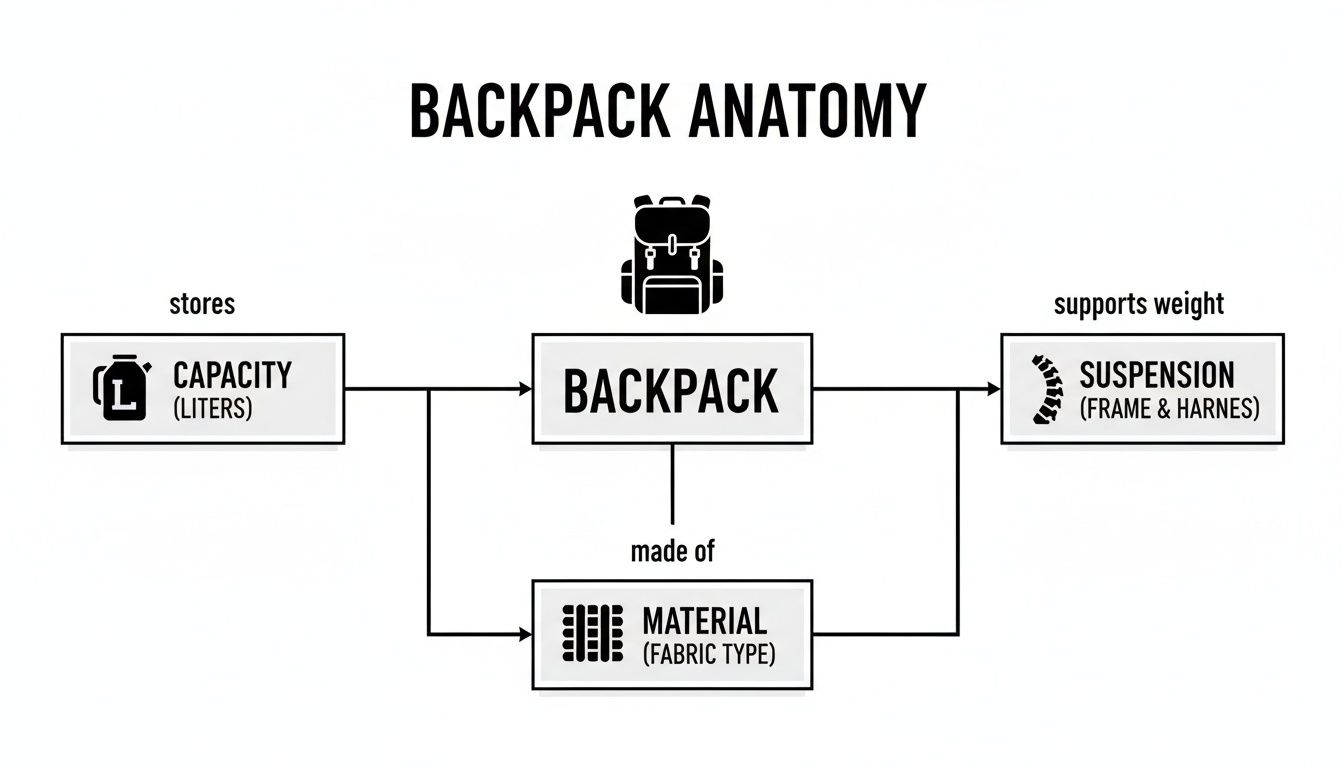 Diagram illustrating backpack anatomy, detailing its capacity (liters), suspension (frame & harnesses), and material (fabric type).