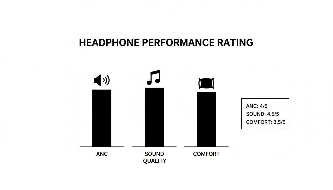 Headphone performance rating with bar graphs for ANC, sound quality, and comfort scores.