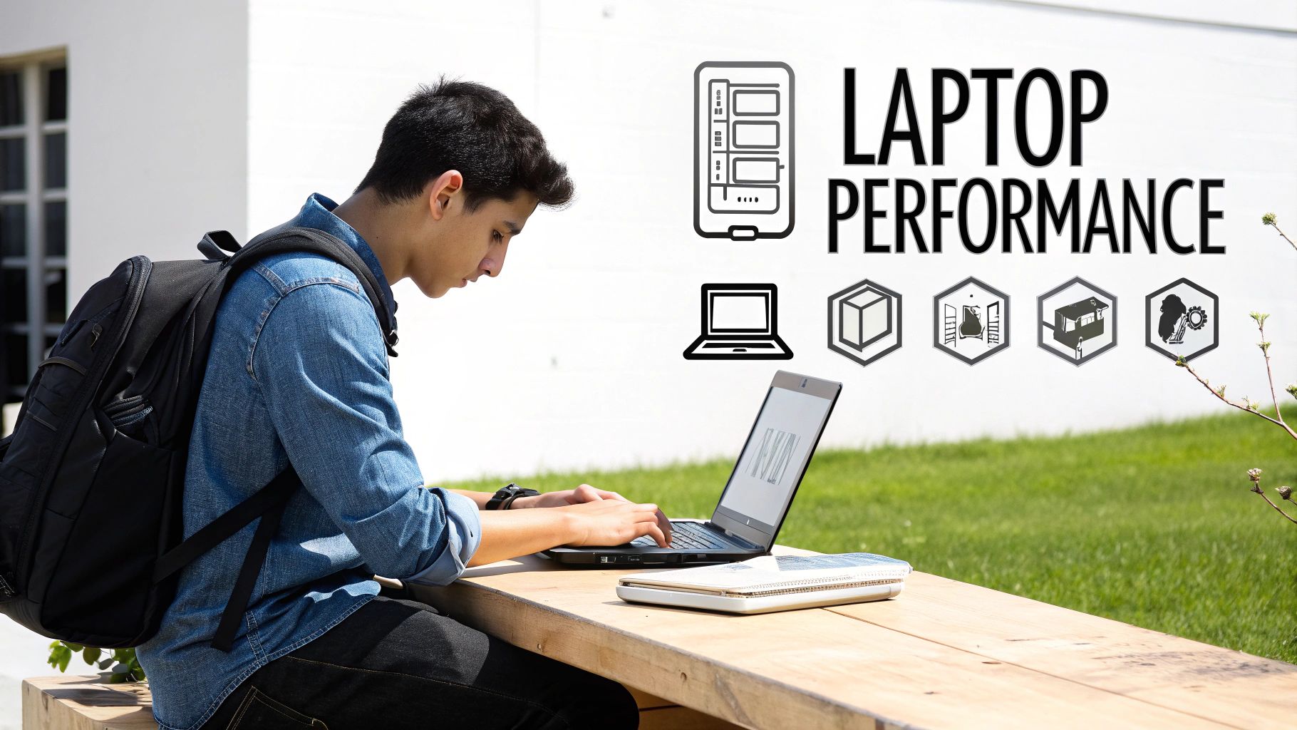 A student works on a laptop in a well-lit library, showcasing the display quality.