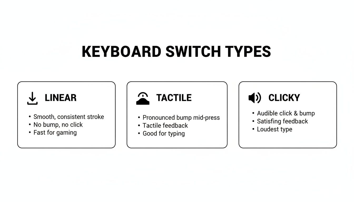 An infographic detailing three types of mechanical keyboard switches: linear, tactile, and clicky, with their key features.