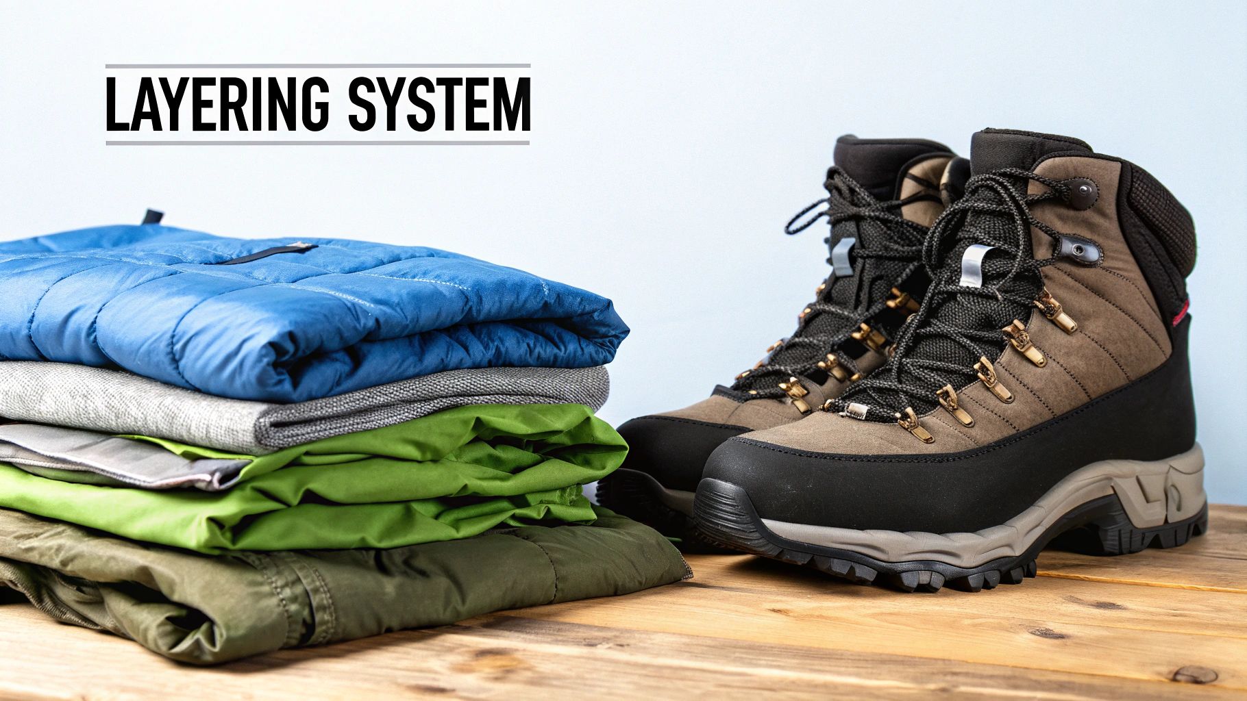 Folded hiking clothes in a layering system next to sturdy brown and black hiking boots.