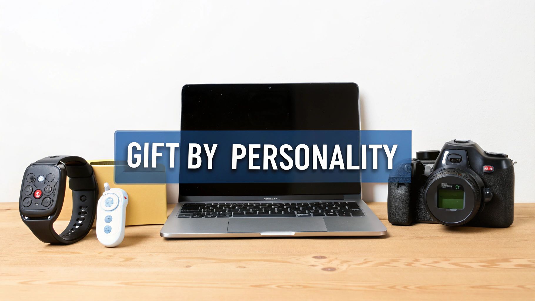 Tech gift guide featuring laptop, smartwatch, camera and gaming controller on wooden desk