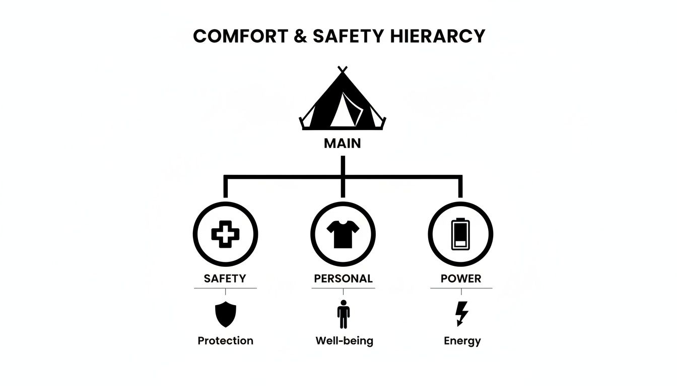 Hierarchy diagram illustrating comfort and safety essentials for camping: Safety, Personal, and Power.