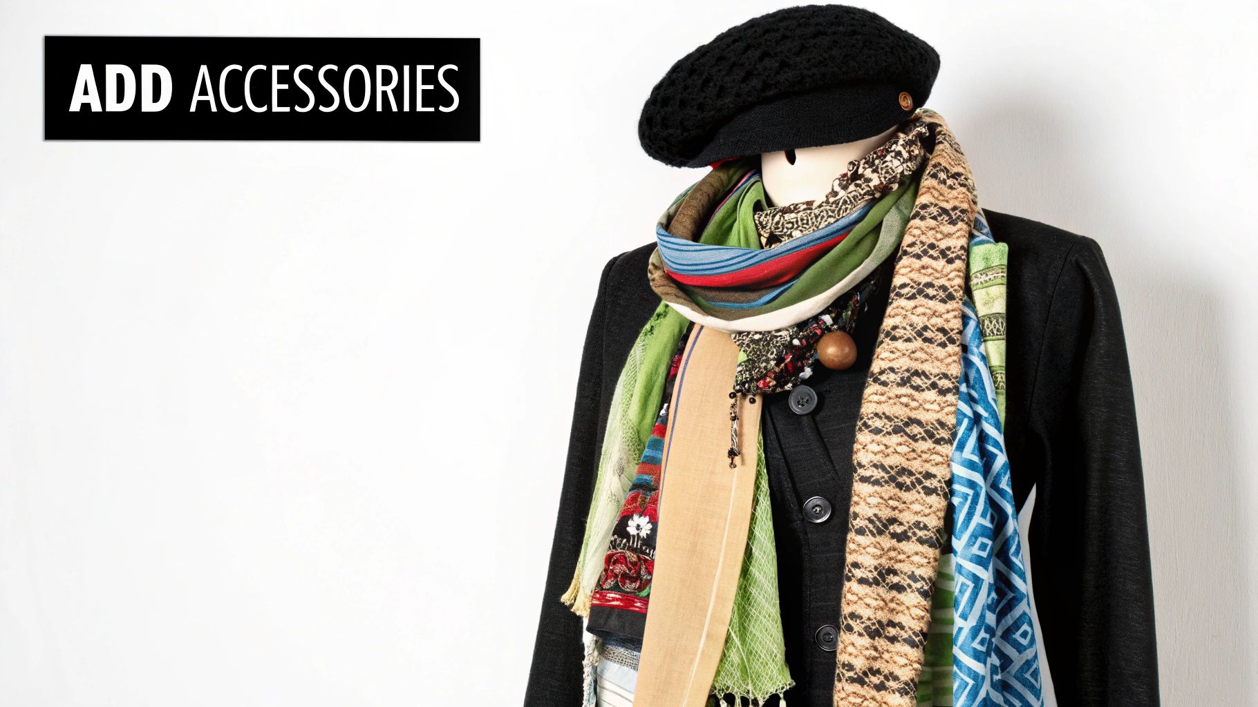Stylish woman layering a patterned scarf